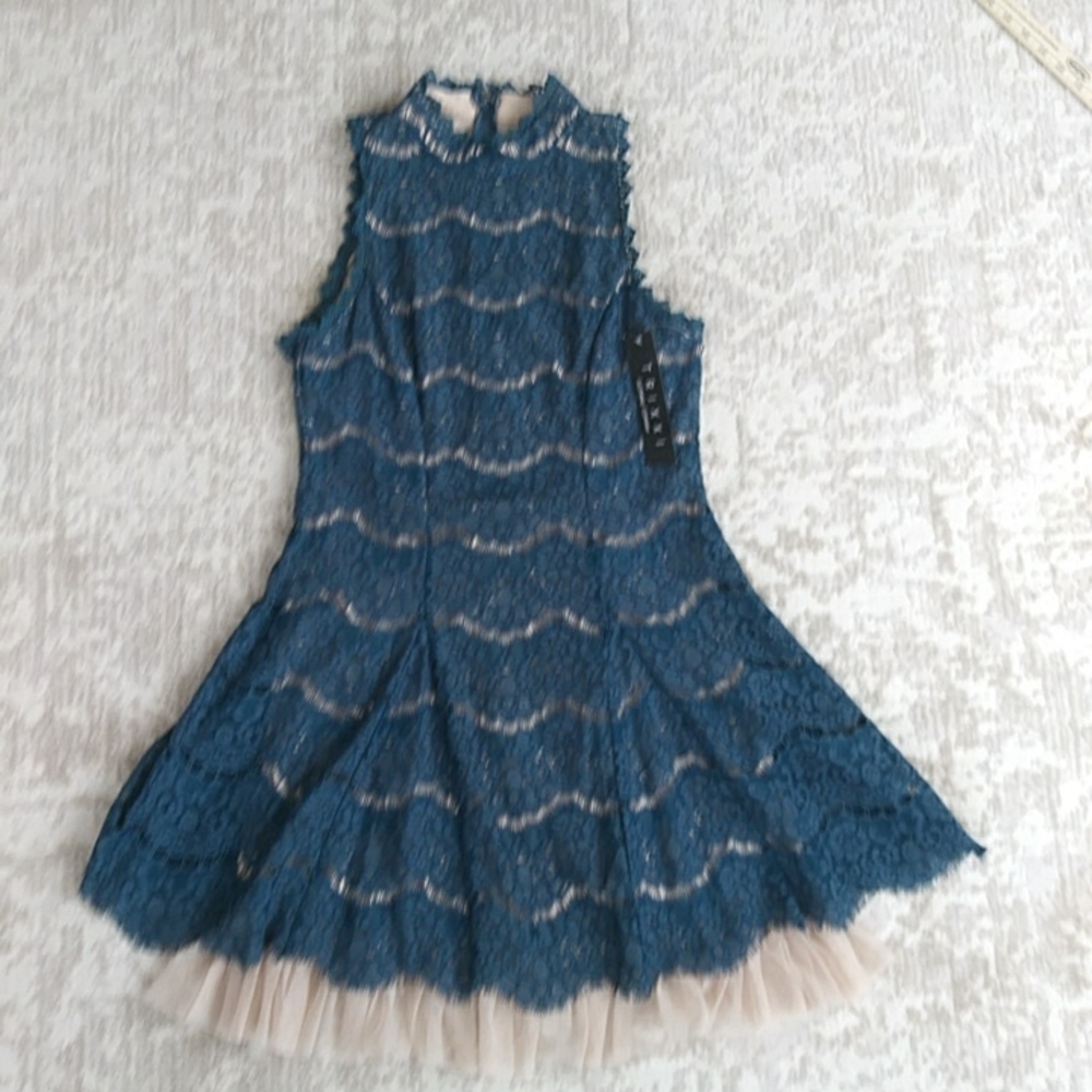 NWT Trixxi Lace Crochet High Neckline Floral Tulle Dress J 9 Blue / Green Cream